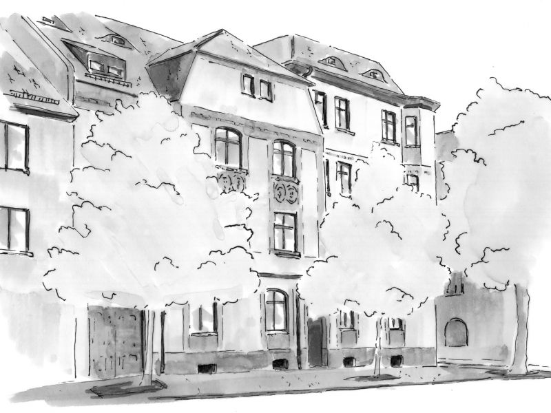 Zeichnung eines Hauses im Altbau-Stil mit Bäumen davor
