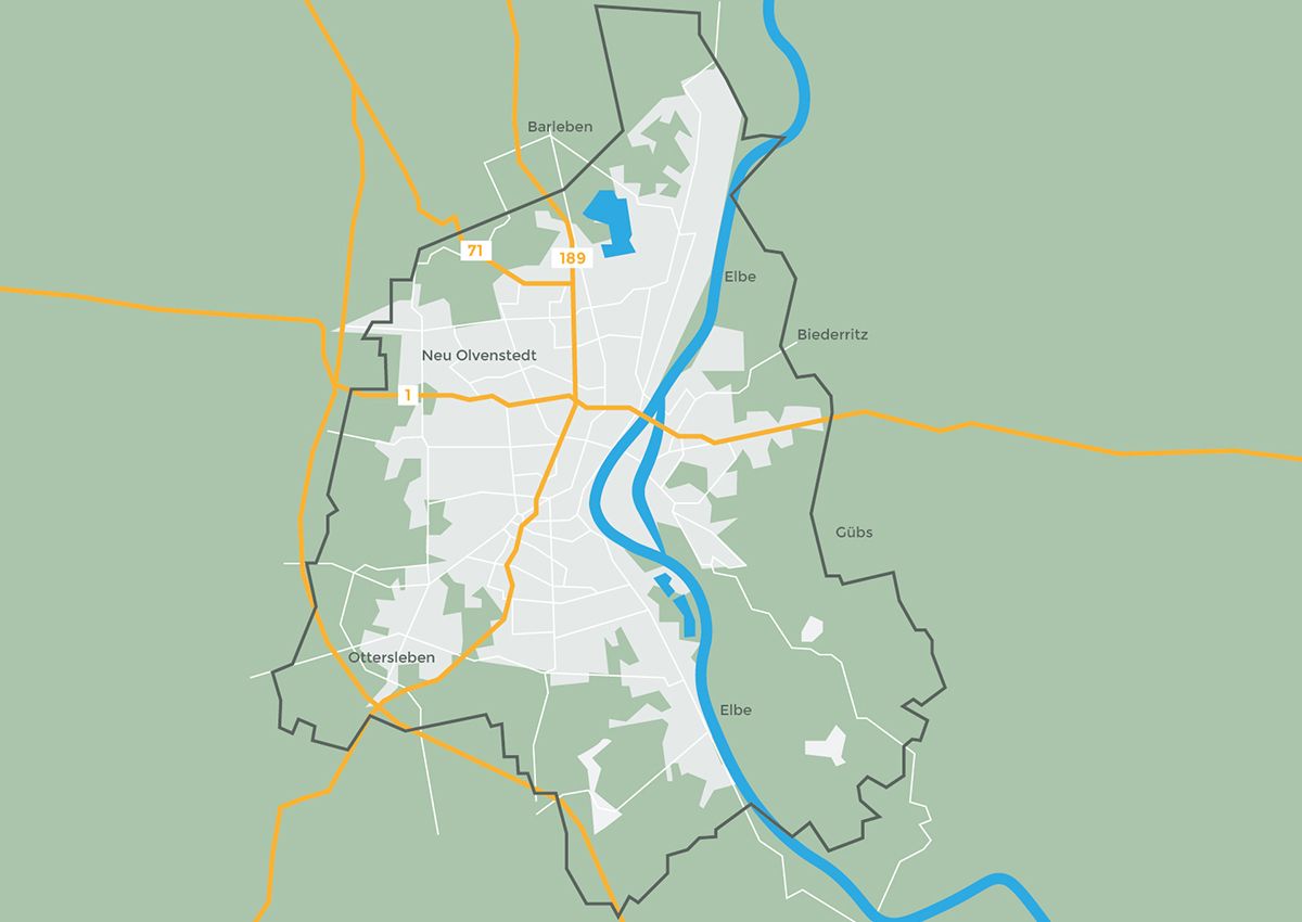 Grüne Karte von Magdeburg und Umgebung mit Elbe-Fluss und Straßenverbindungen