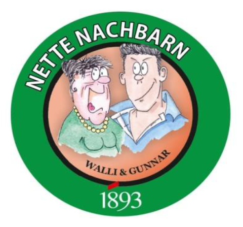 Logo mit grüner Umrandung und Text 'Nette Nachbarn', darunter Karikaturen von zwei Personen, Walli und Gunnar, mit dem Logo der 1893 eG
