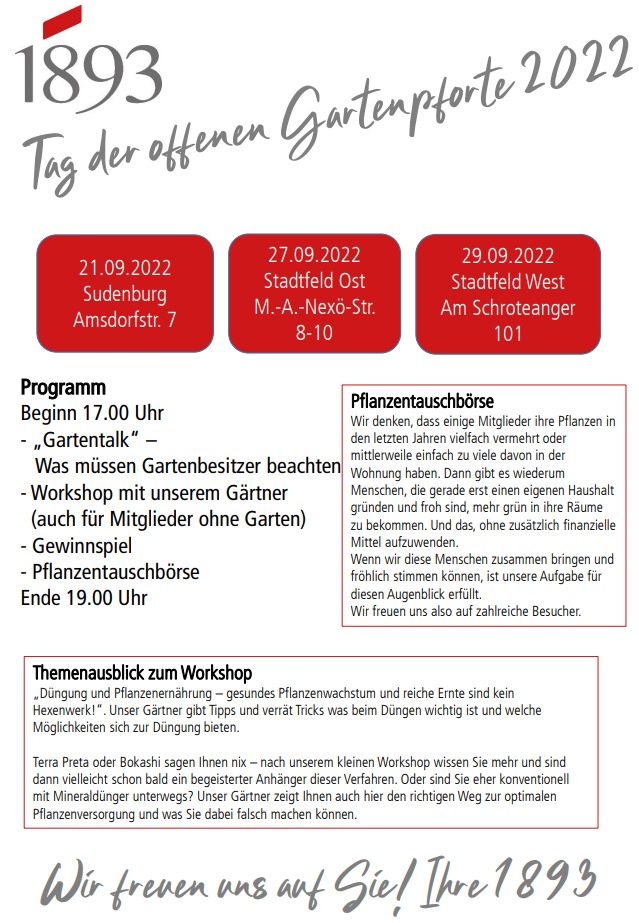 Flyer zum Tag der offenen Gartenpforte 2022 mit Terminen am 21., 27. und 29. September in Sudenburg, Stadtfeld Ost und West. Programm mit Gartentalk, Workshop, Gewinnspiel und Pflanzentauschbörse von 17 bis 19 Uhr.
