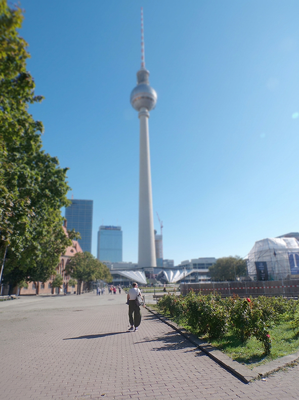 Der Berliner Fernsehturm erhebt sich vor einem klaren blauen Himmel über dem Alexanderplatz. Im Vordergrund führt ein breiter gepflasterter Weg auf das markante Bauwerk zu. Entlang des Weges stehen Bäume und bepflanzte Beete. Einzelne Passanten bewegen si