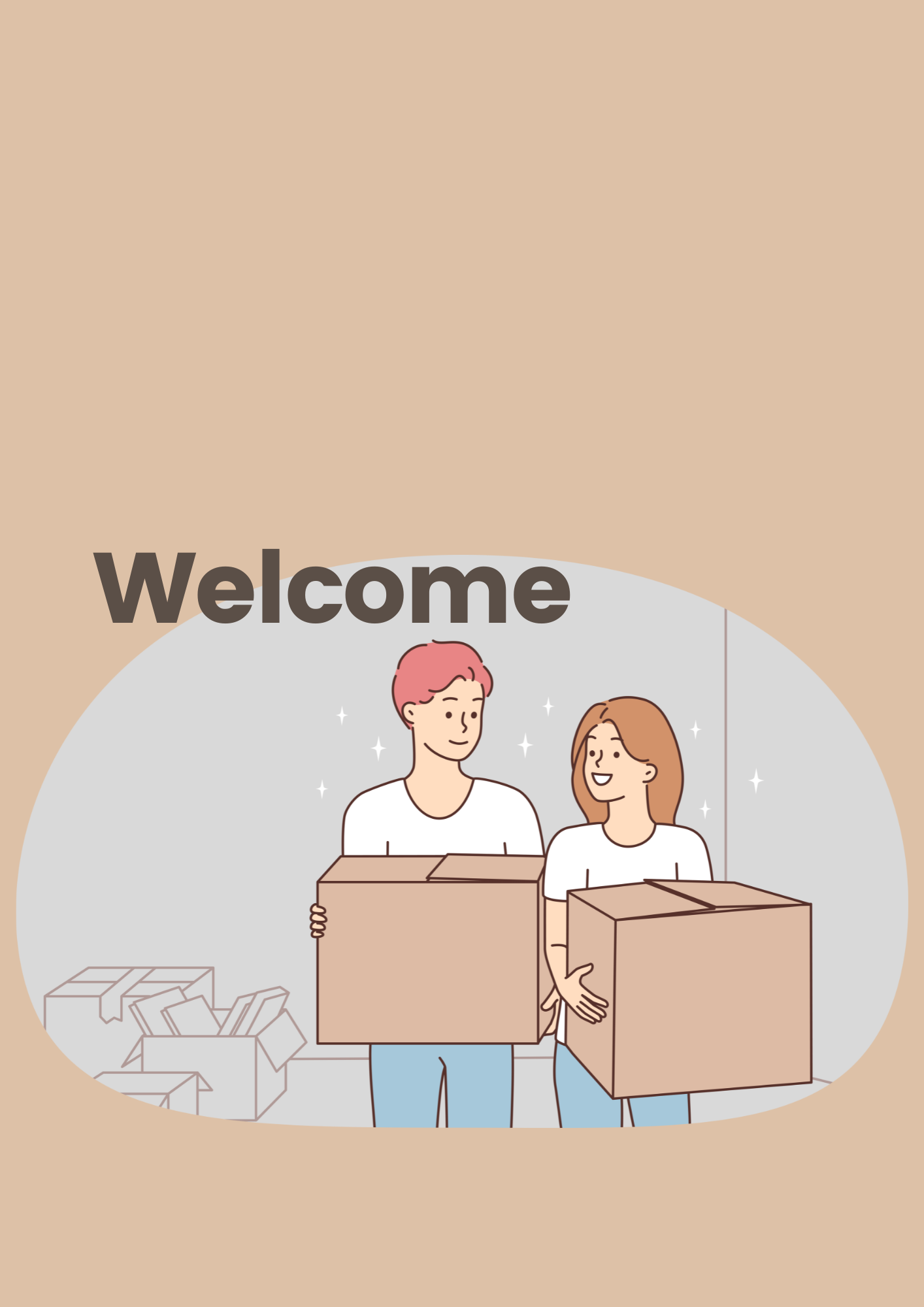 Junges Paar trägt Umzugskartons, im Hintergrund weitere Kartons, darüber der Schrift Welcome