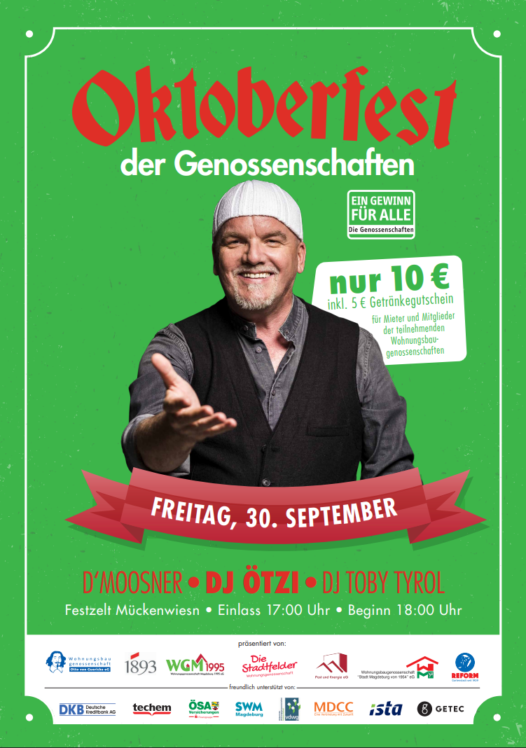 Mann in Trachtenweste und weißem Hut vor grünem Hintergrund wirbt für Oktoberfest der Genossenschaften
