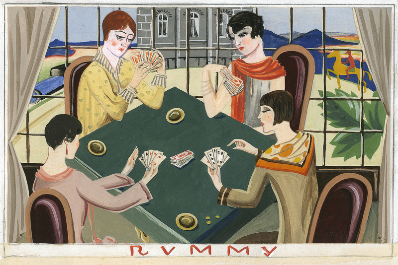 Gemälde von vier Frauen, die an einem Tisch sitzen und Karten spielen.