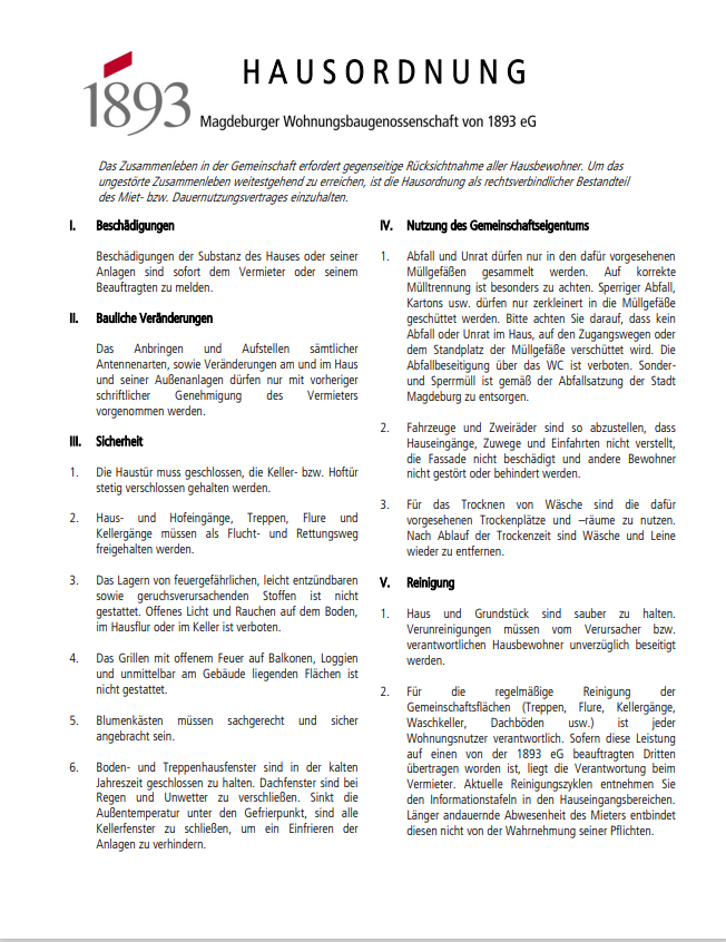 Titelblatt der Hausordnung der Magdeburger Wohnungsbaugenossenschaft von 1893 eG