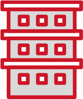 Rotes und graues stilisiertes Gebäude mit drei Stockwerken und quadratischen Fenstern