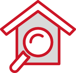 Rotes Haus mit einer Lupe davor als Symbol für Wohnungssuche