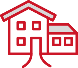 Rotes Haus mit zwei Stockwerken und angrenzender Garage