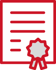 Rotes Dokument mit einem Siegel unten rechts, das eine Zertifizierung symbolisiert